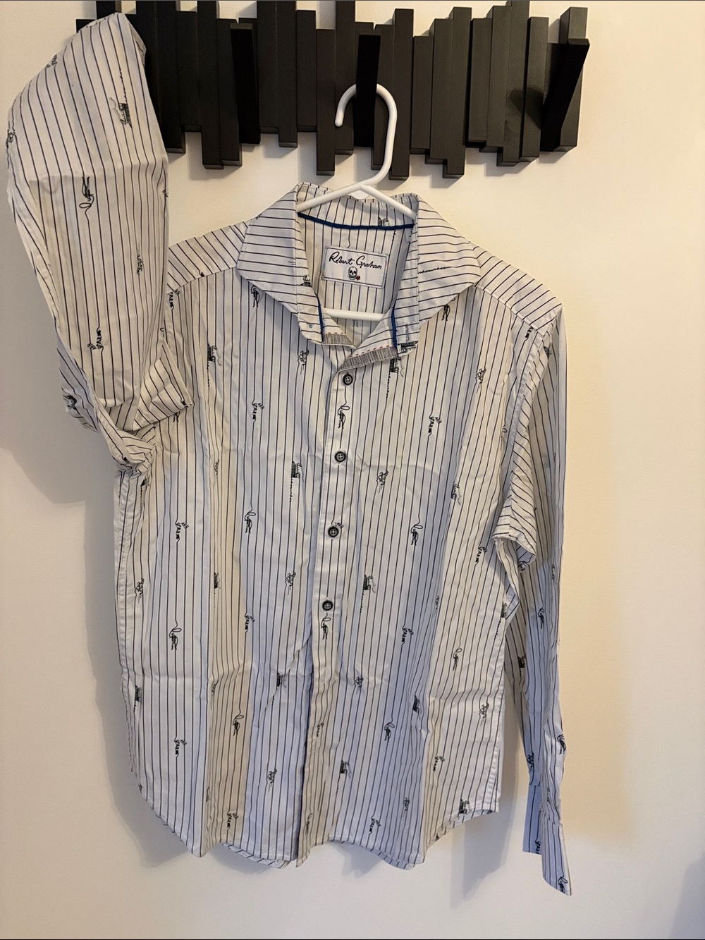 Robert Graham White Button-Down Shirt with Navy Pinstripes and Embroidery